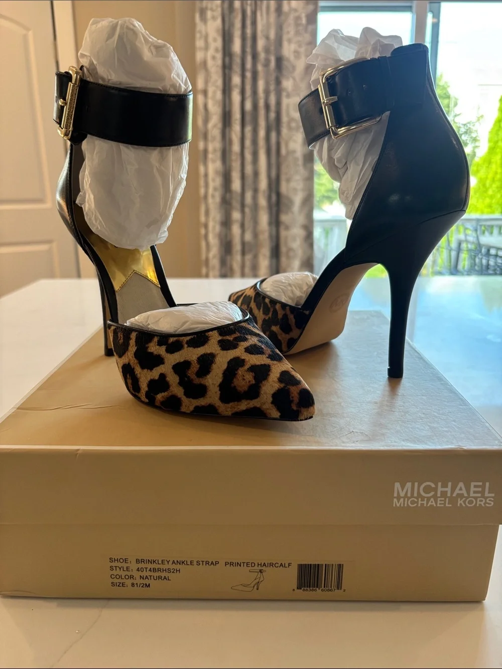 Michael Kors Leopard Print Pointed Toe Ankle-Strap Heels in Natural